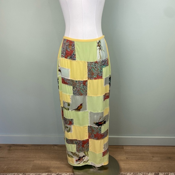 Vintage Dresses & Skirts - Vintage Don Caster Silk bird print patchwork artsy cottagecore spring skirt sz 8